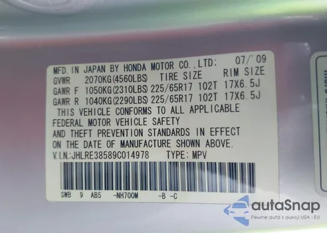 2009 Honda Cr-V Ex z USA, uszkodzony, nr VIN JHLRE38589C014978